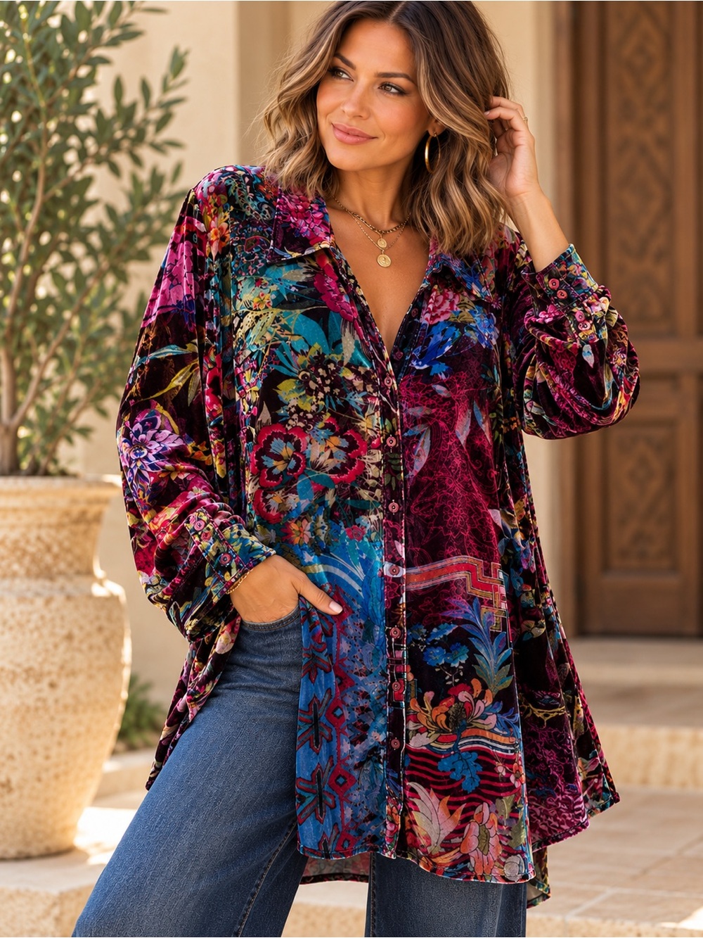 Johnny Was 2X Floral Patchwork Silk Blend Velvet Long Tunic Blouse #746